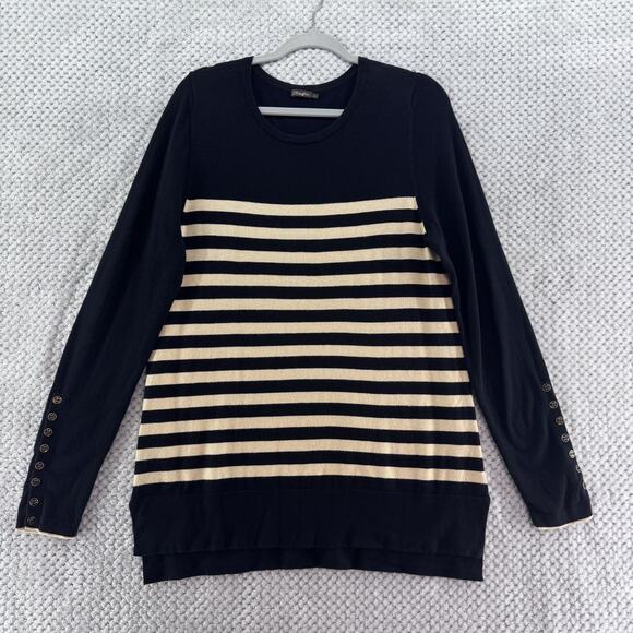 J McLaughlin Sweater Womens L Black Beige Striped Crew Neck Tunic Long Sleeve - Picture 1 of 14